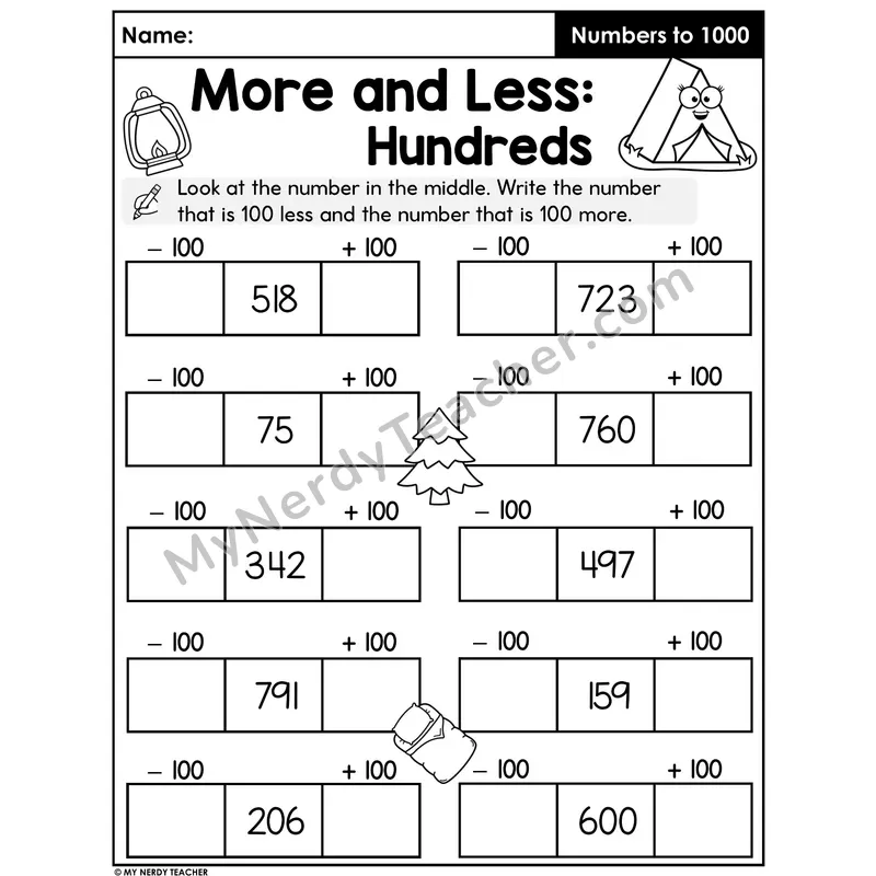 100 More and 100 Less Worksheet — Three-Digit Numbers Mental Math