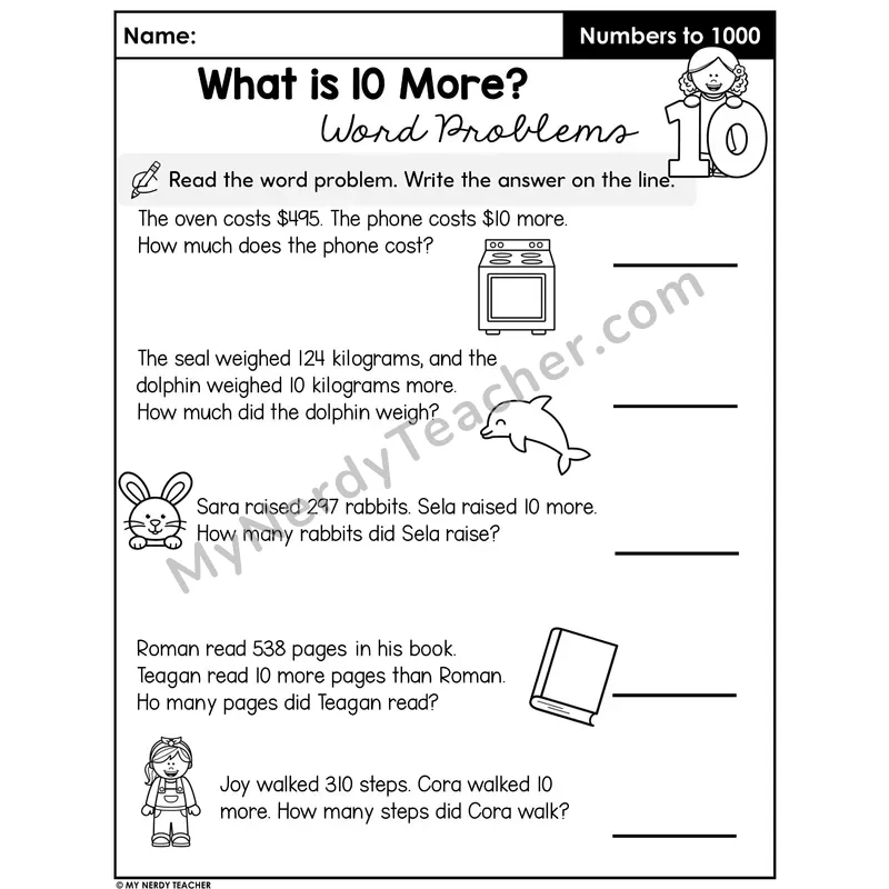 10 More Word Problems Worksheet — Three-Digit Numbers Mental Math