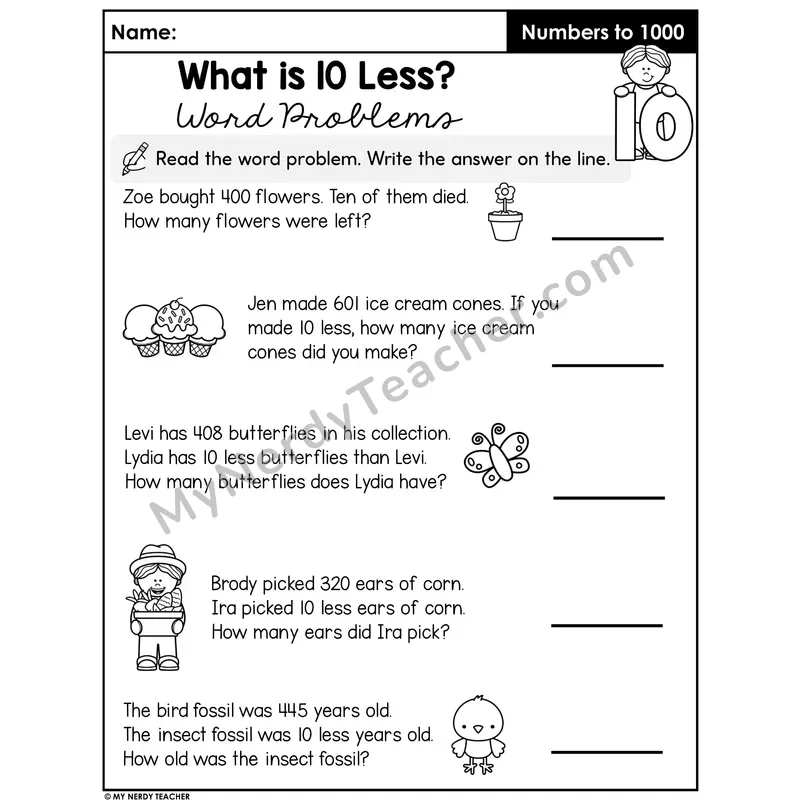 10 Less Word Problems Worksheet — Three-Digit Numbers Mental Math