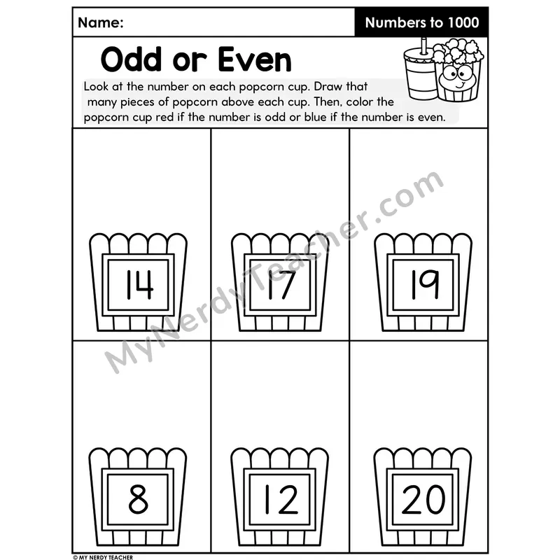 Odd or Even Numbers Worksheet — Draw and Color Popcorn