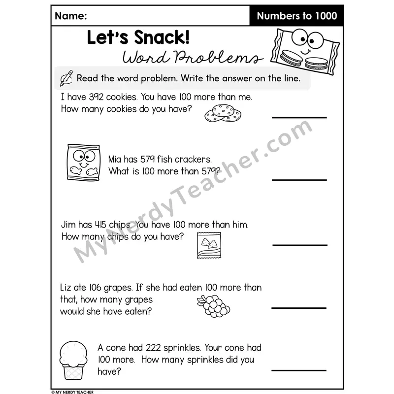 100 More Word Problems Worksheet — Three-Digit Numbers Mental Math