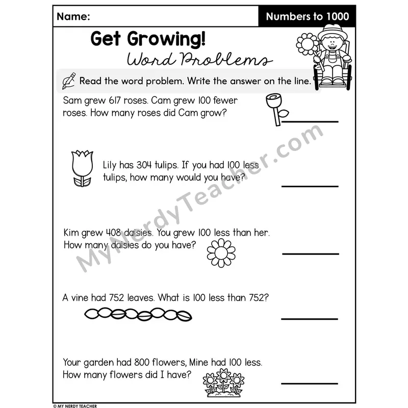 100 Less Word Problems Worksheet — Three-Digit Numbers Mental Math