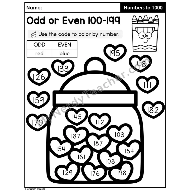 Odd or Even Numbers 100-199 Color by Code Worksheet