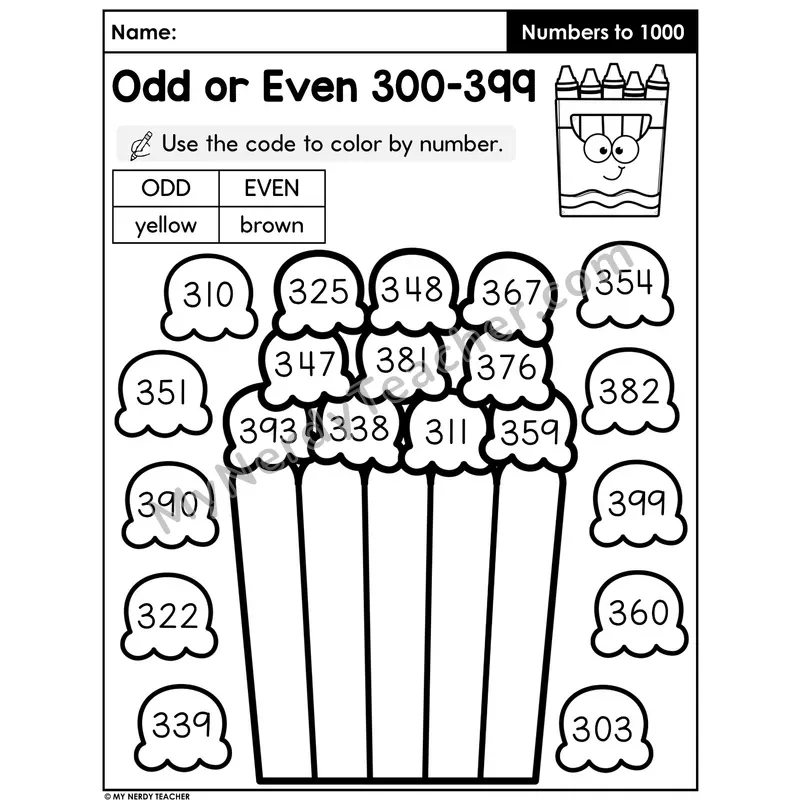 Odd or Even Numbers 300-399 Color by Code Worksheet