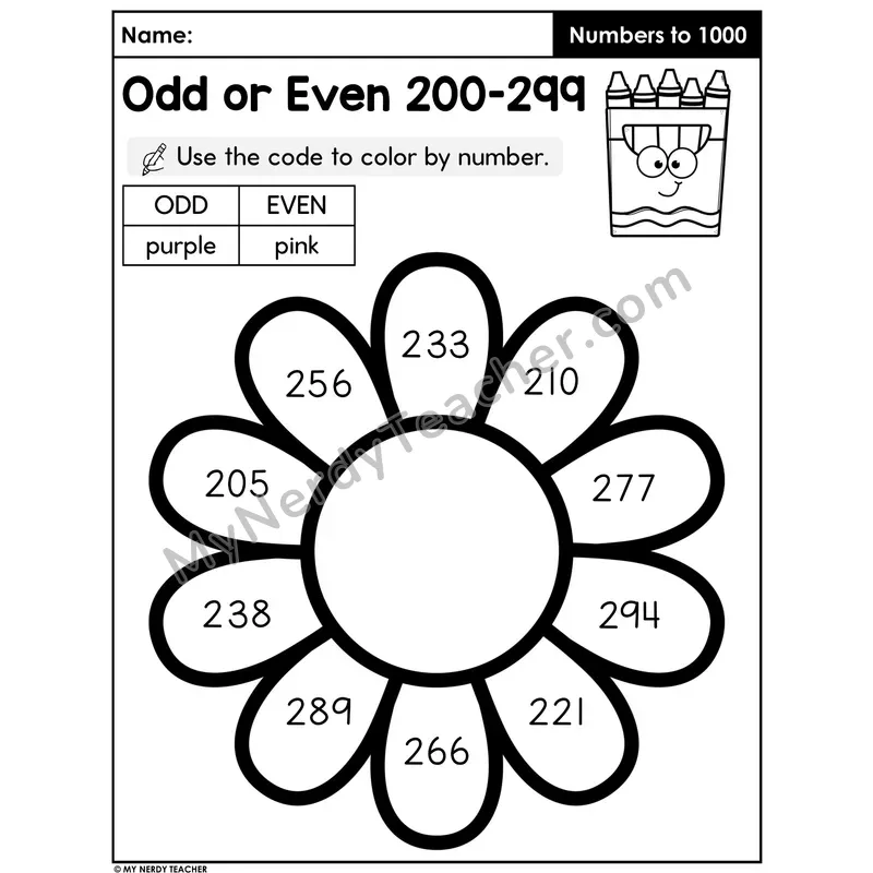 Odd or Even Numbers 200-299 Color by Code Worksheet