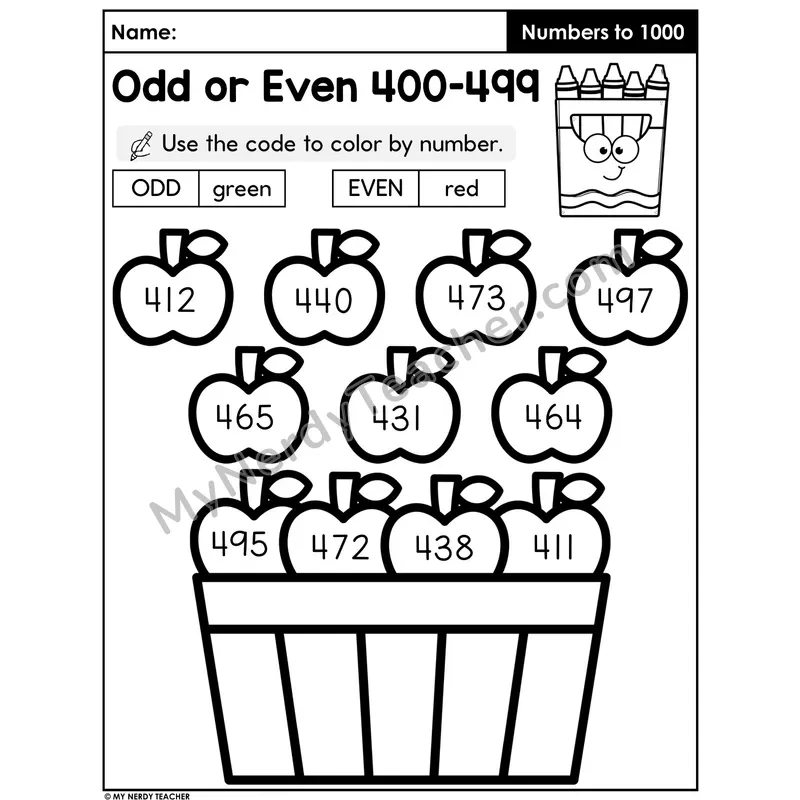 Odd or Even Numbers 400-499 Color by Code Worksheet