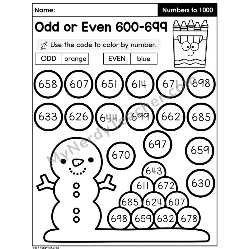 Odd or Even Numbers 600-699 Color by Code Worksheet