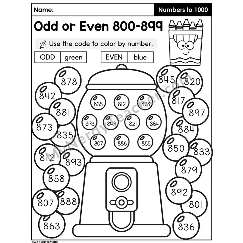 Odd or Even Numbers 800-899 Color by Code Worksheet