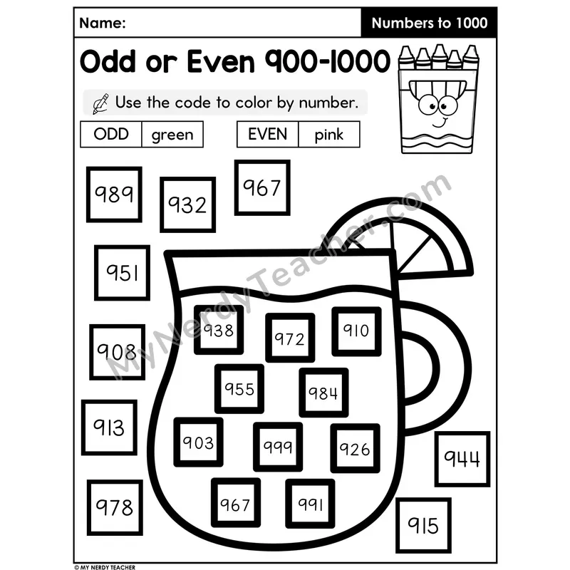 Odd or Even Numbers 900-1000 Color by Code Worksheet