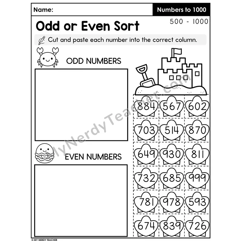 Odd or Even Sort Cut and Paste Activity — Three-Digit Numbers 500 to 1000