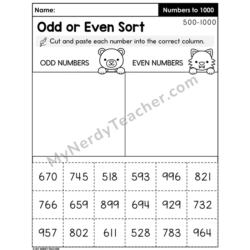 Odd or Even Sort Cut and Paste Worksheet — Numbers 500 to 1000