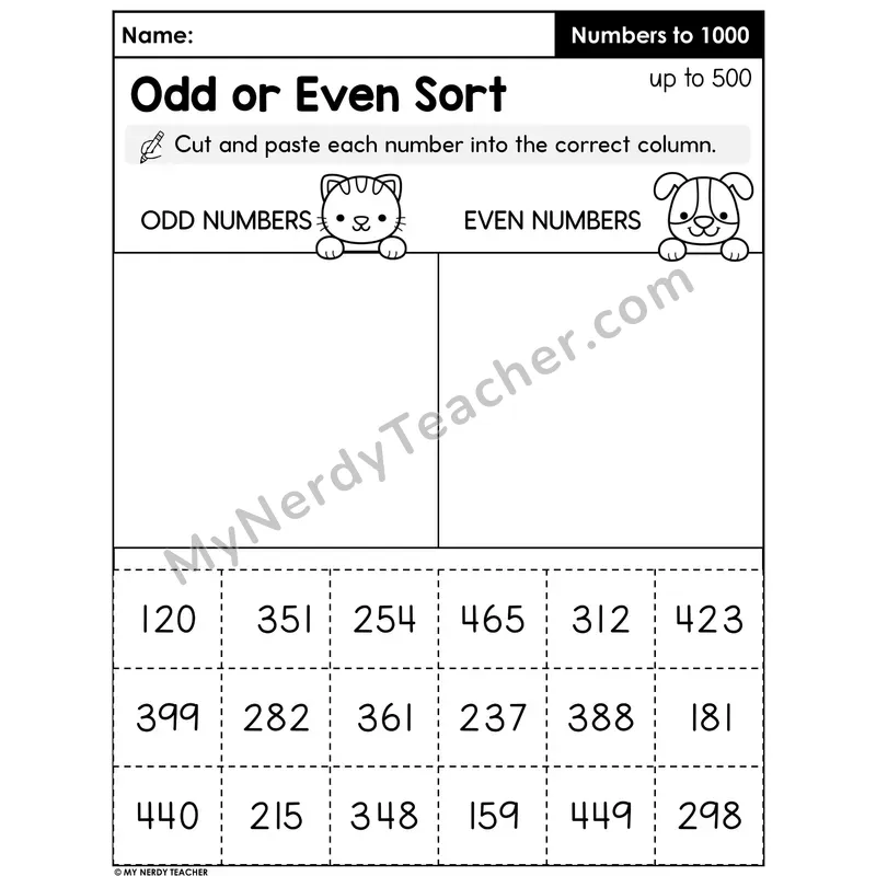 Odd or Even Sort Cut and Paste Worksheet — Numbers Up to 500