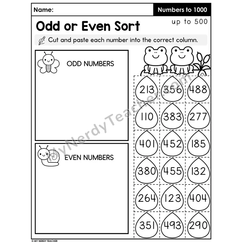 Odd or Even Sort Cut and Paste Activity — Three-Digit Numbers Up to 500