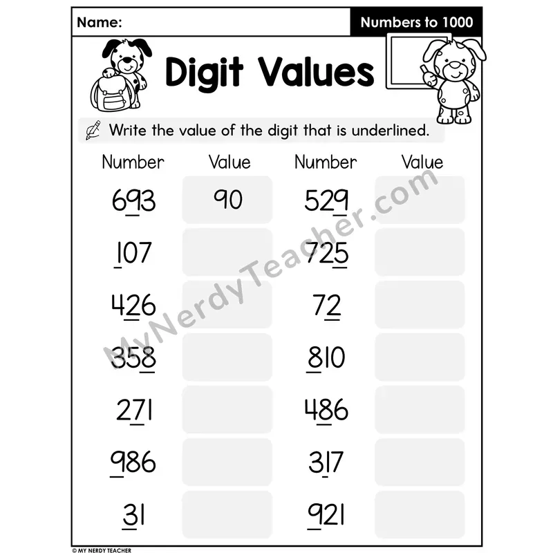 Place Value Digit Values Worksheet — Write the Value of the Underlined Digit