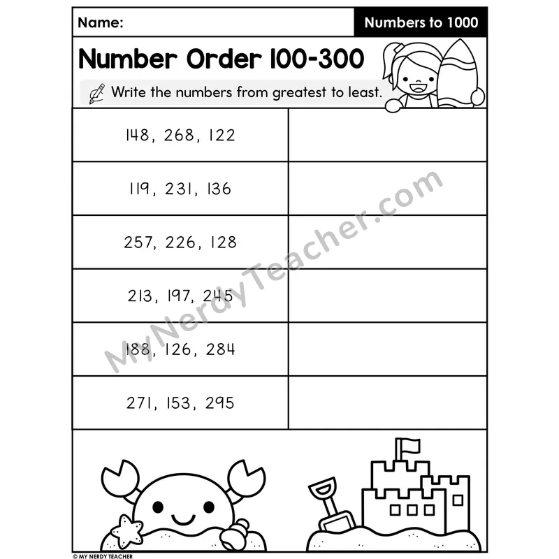 Number Order Worksheet — Three-Digit Numbers 100 to 300 Greatest to Least
