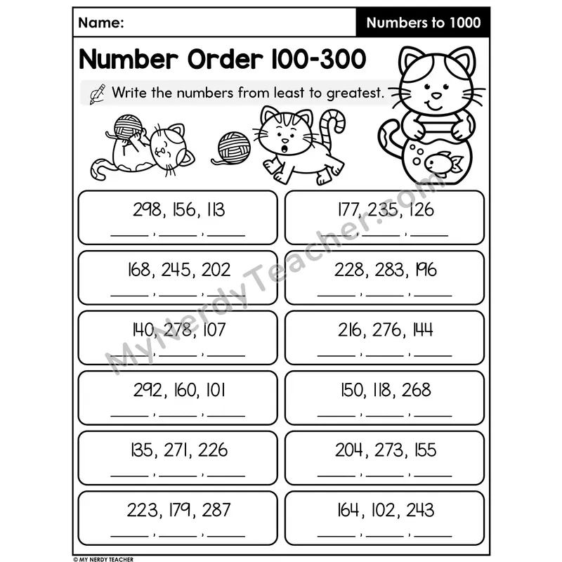 Number Order Worksheet — Three-Digit Numbers 100 to 300 Least to Greatest