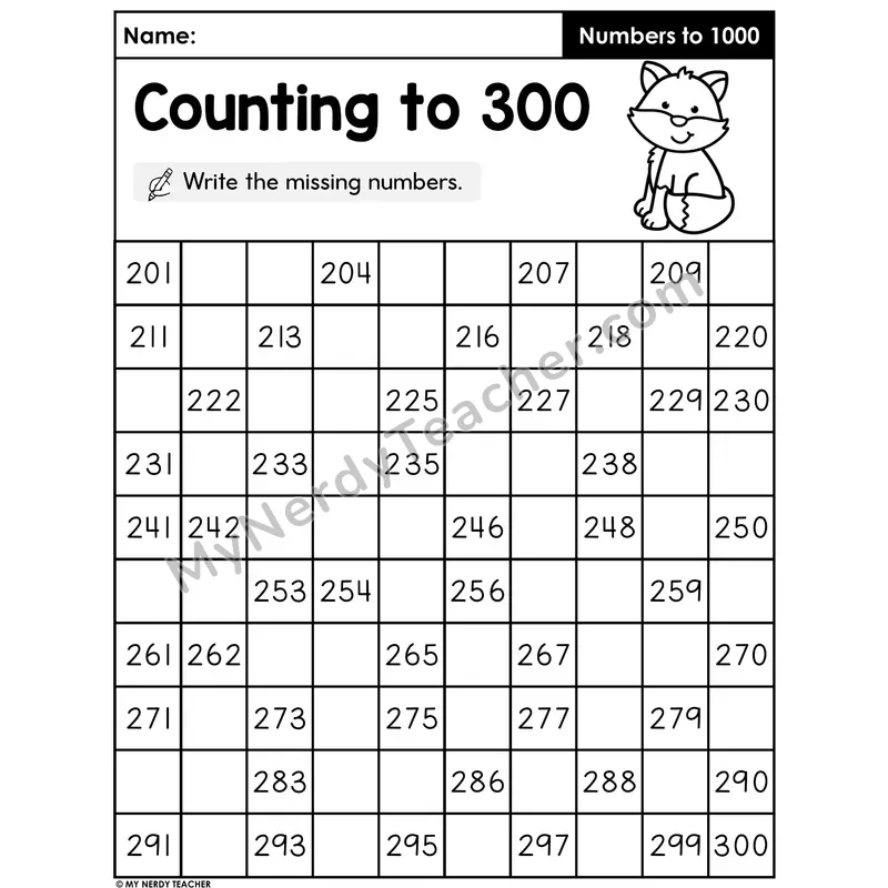 Counting to 300 Worksheet — Fill in the Missing Three-Digit Numbers