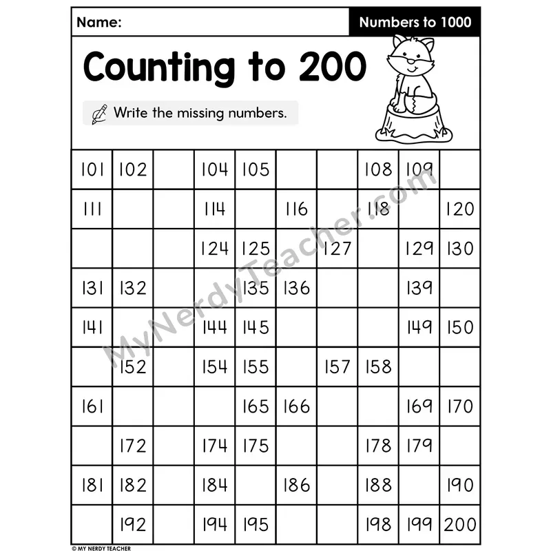 Counting to 200 Worksheet — Fill in the Missing Three-Digit Numbers
