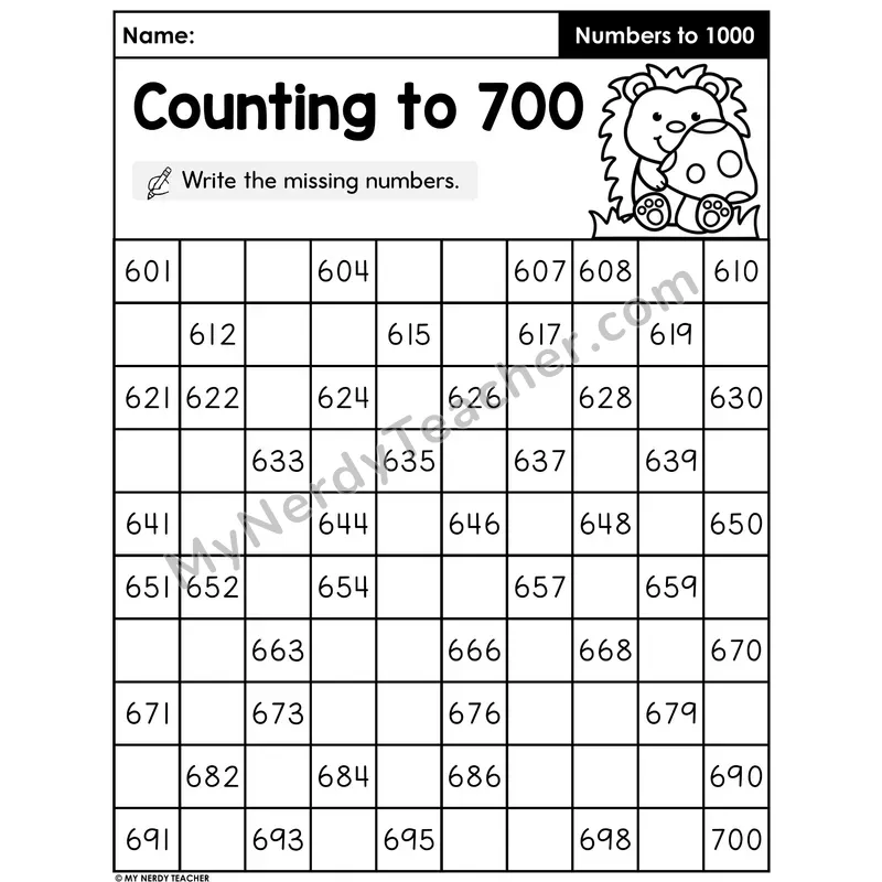 Counting to 700 Worksheet — Write the Missing Numbers Within 1000