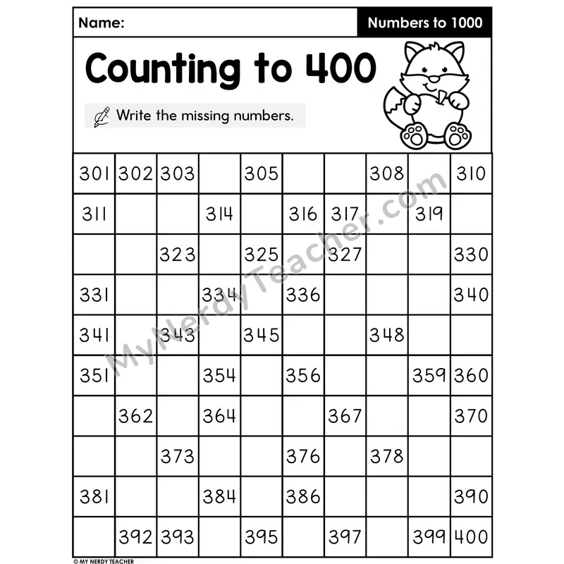Counting to 400 Worksheet — Fill in the Missing Three-Digit Numbers