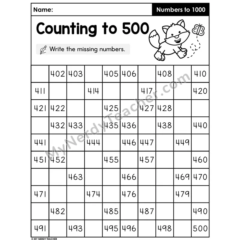 Counting to 500 Worksheet — Fill in the Missing Three-Digit Numbers