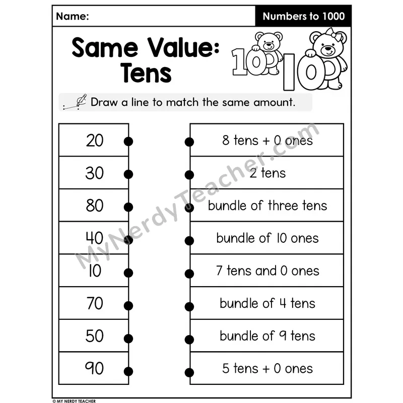 Place Value Tens Match Worksheet — Two-Digit Numbers and Bundles of Tens