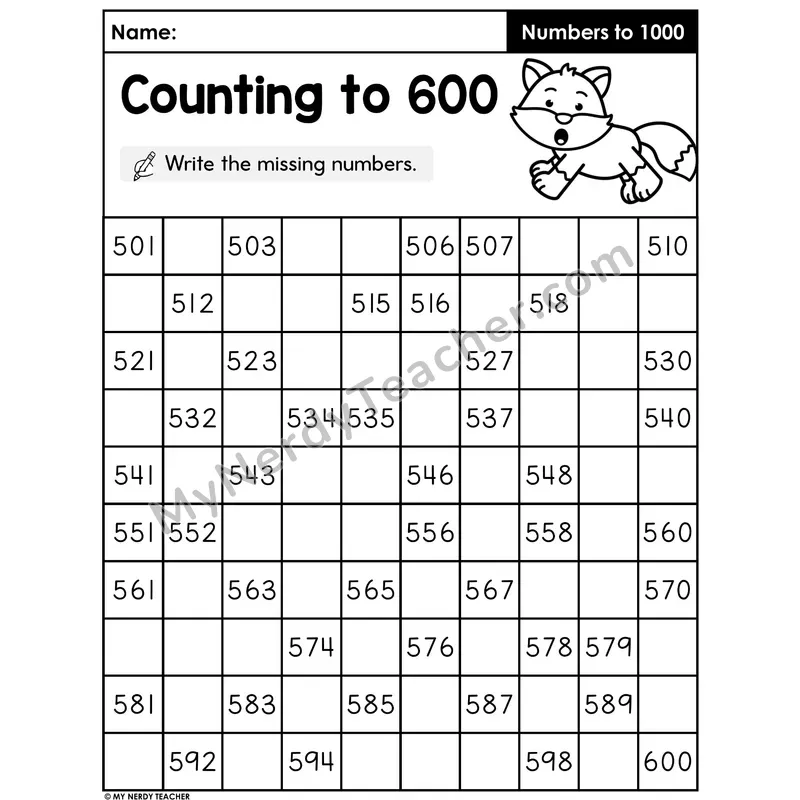 Counting to 600 Worksheet — Fill in the Missing Three-Digit Numbers
