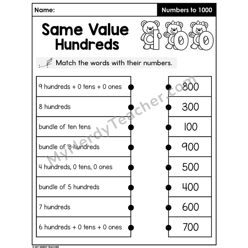 Same Value Hundreds Match — Place Value Words to Numbers