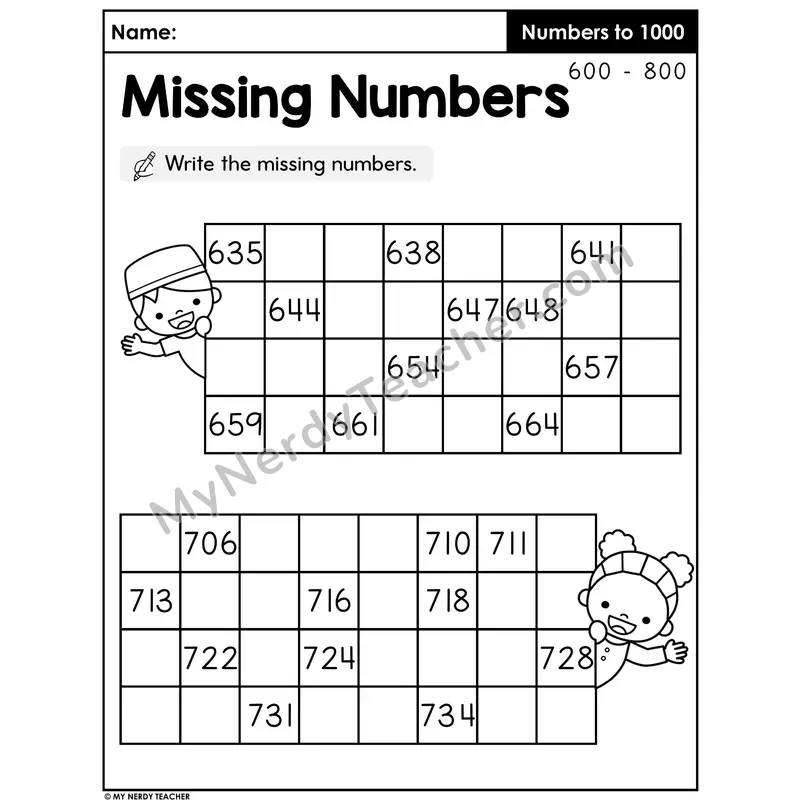 Missing Numbers Worksheet — Counting From 600 to 800