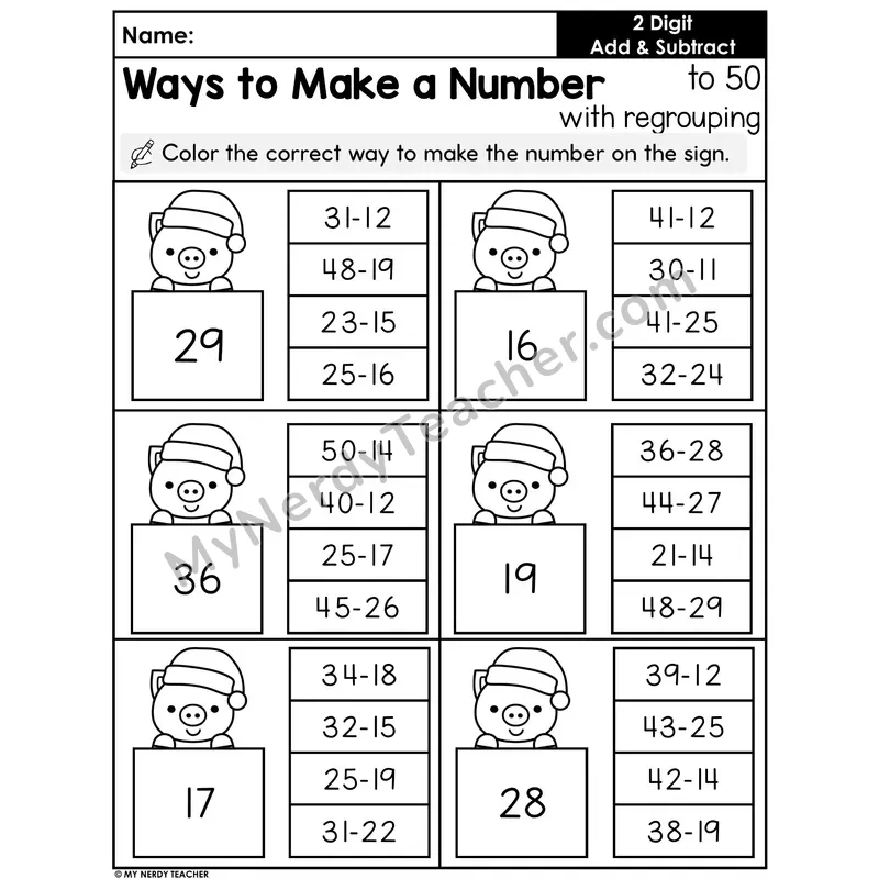 Ways to Make a Number to 50 Worksheet — Subtraction With Regrouping