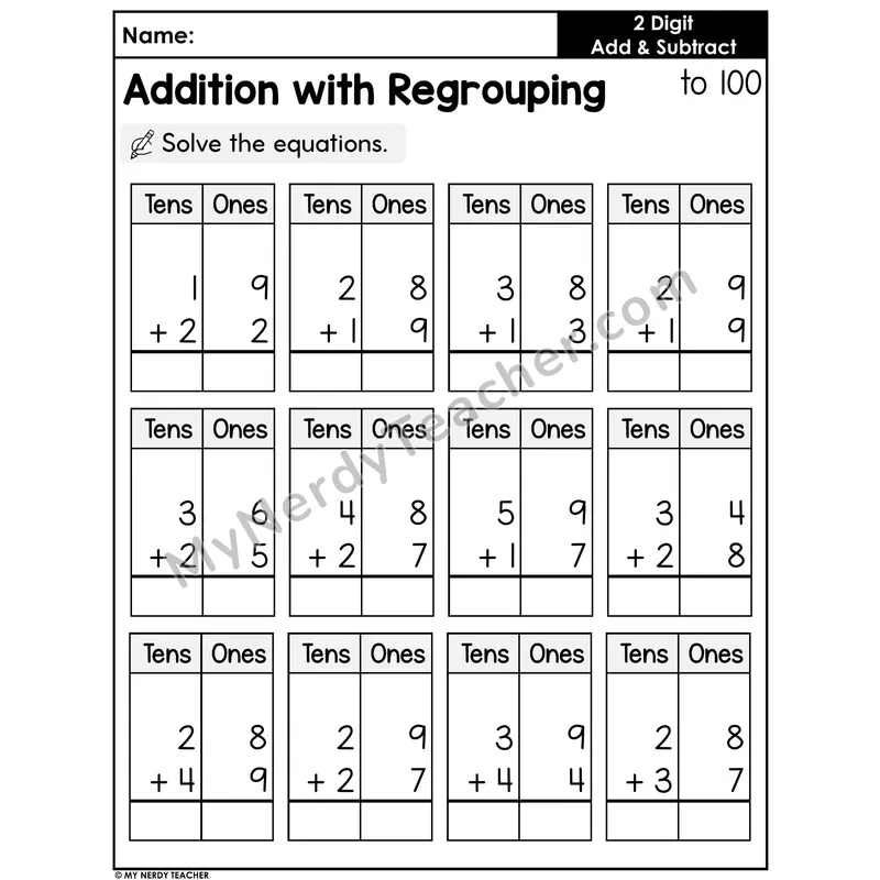 Addition With Regrouping Worksheet — Tens and Ones Within 100