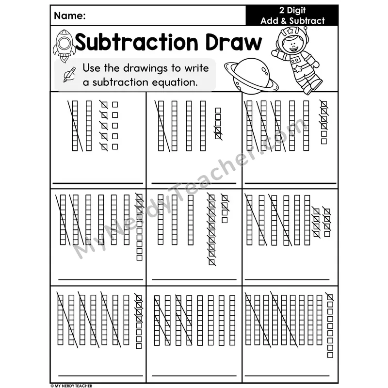 Subtraction Draw Worksheet — Write Subtraction Equations From Base Ten Blocks