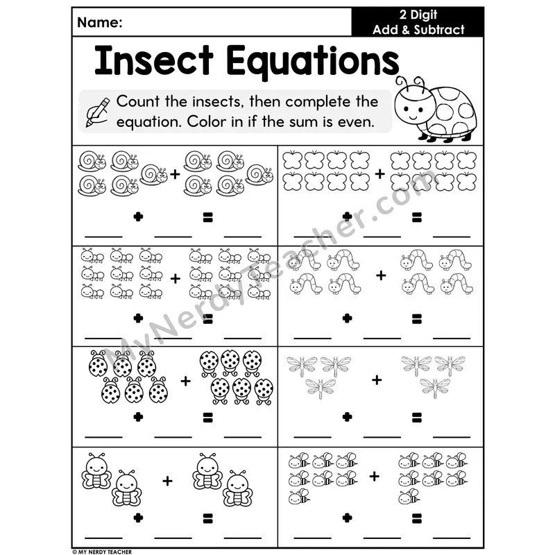 Insect Equations Worksheet — Sum of Equal Addends for Even Numbers