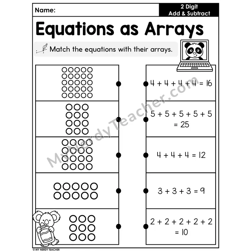 Equations as Arrays Match Worksheet — Repeated Addition Equations