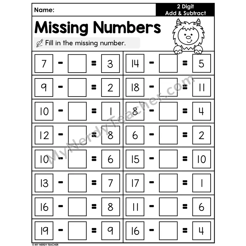 Missing Numbers Worksheet — Subtraction Equations Within 20