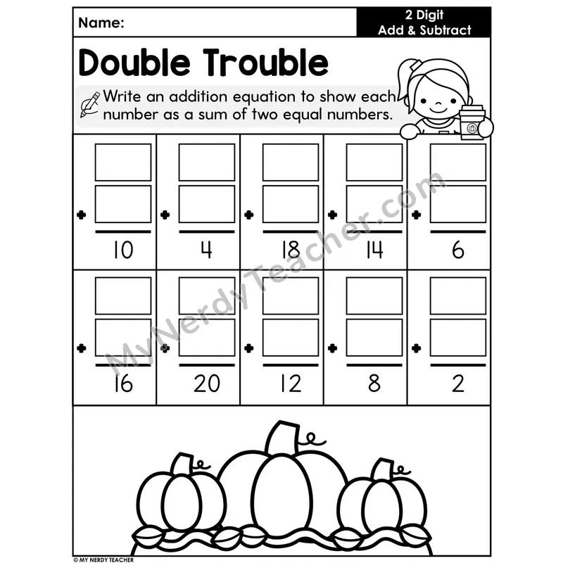 Doubles Worksheet — Express Even Numbers as Sum of Two Equal Addends