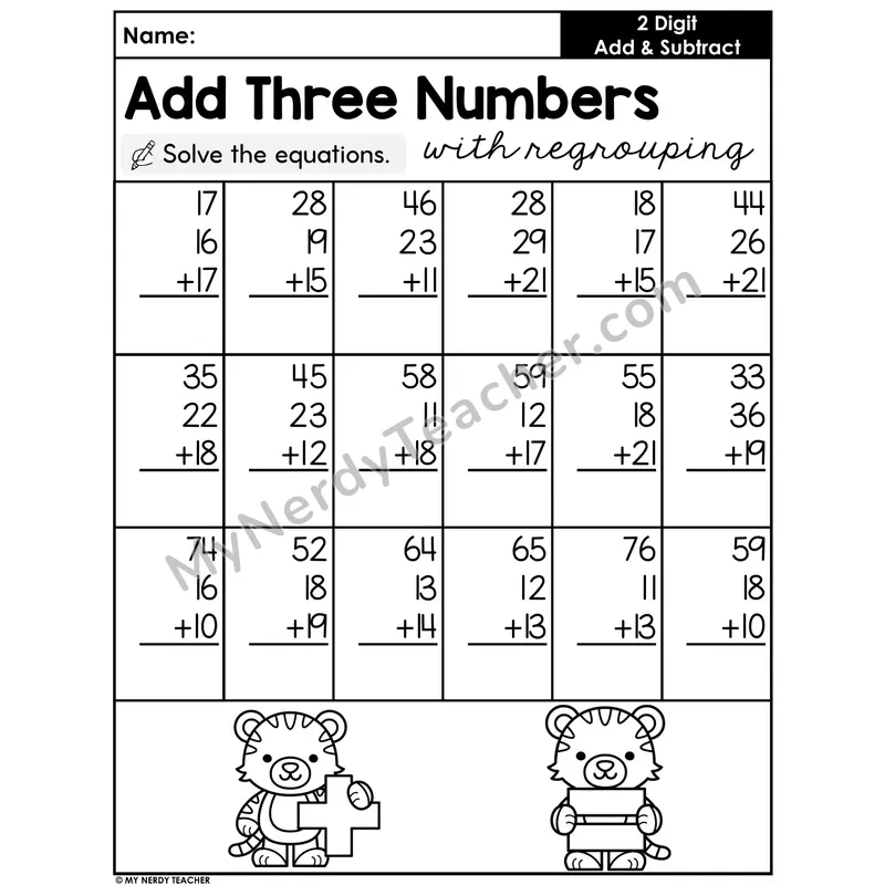 Add Three Numbers With Regrouping Worksheet — Column Addition Within 100
