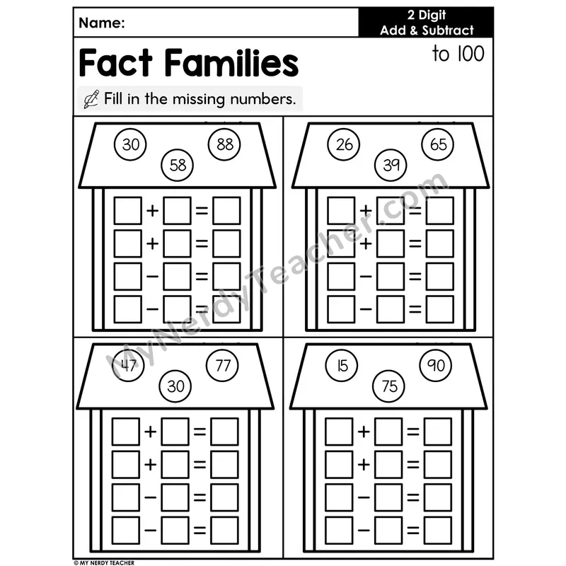 Fact Families Houses Worksheet — Within 100