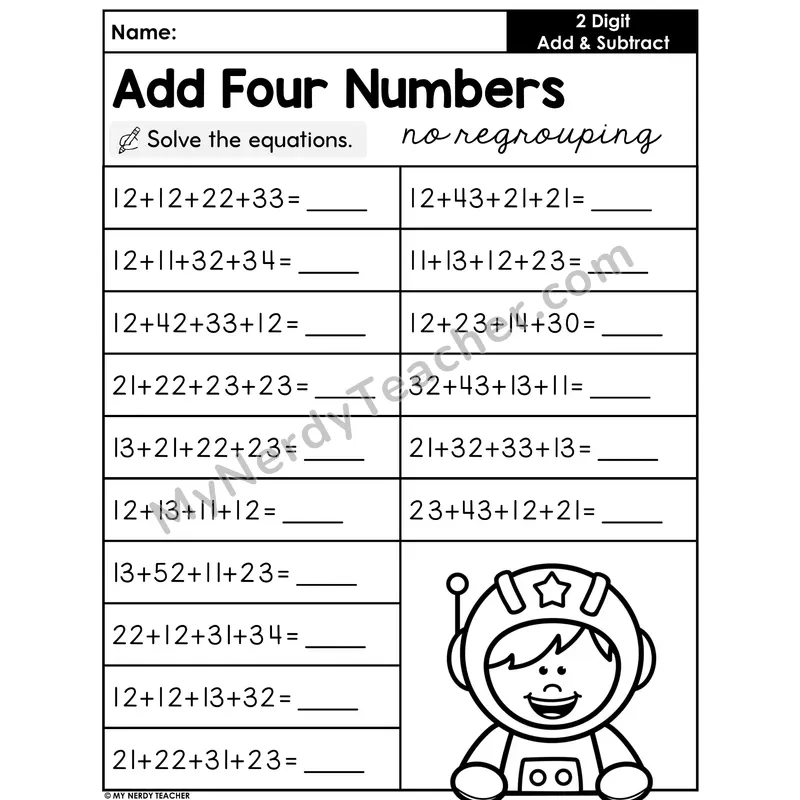 Add Four Numbers Without Regrouping Worksheet — Two-Digit Addition Within 100