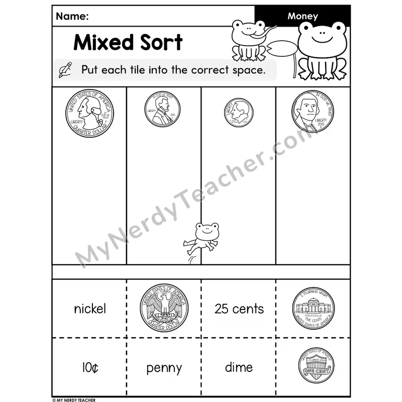 Coin Sort Worksheet — Sort by Coin Name, Picture, and Value
