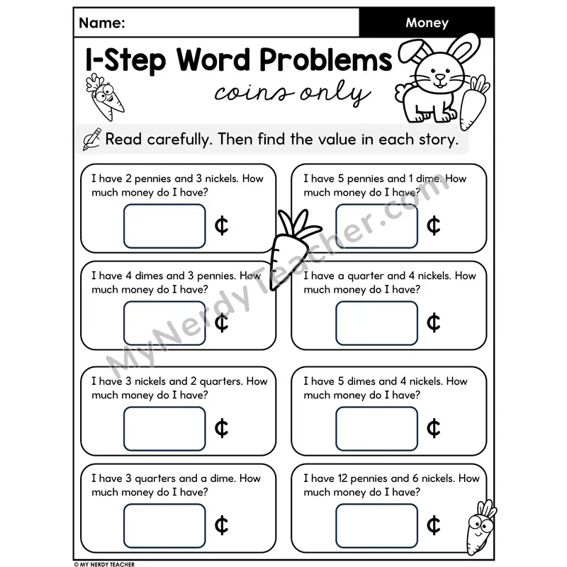 Money Word Problems Worksheet — 1-Step Coin Addition