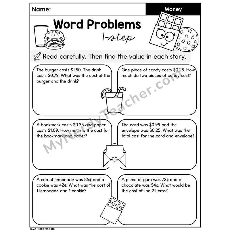 Money Word Problems Worksheet — 1-Step Dollar Addition