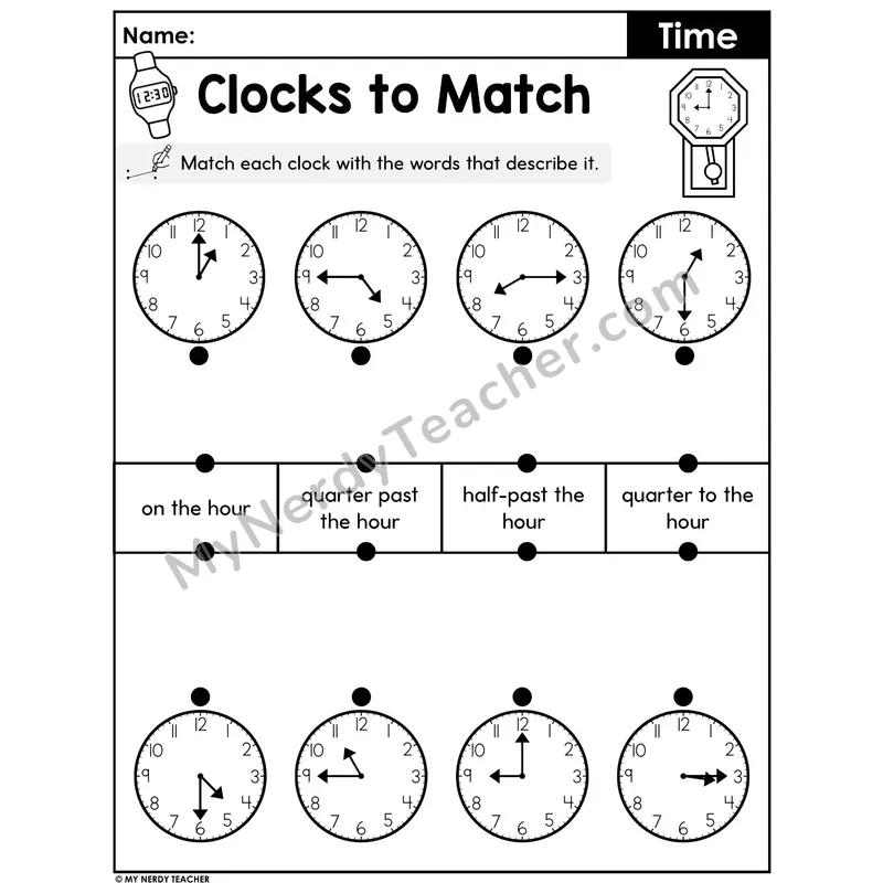 Telling Time Match Worksheet — Analog Clocks to Time Phrases