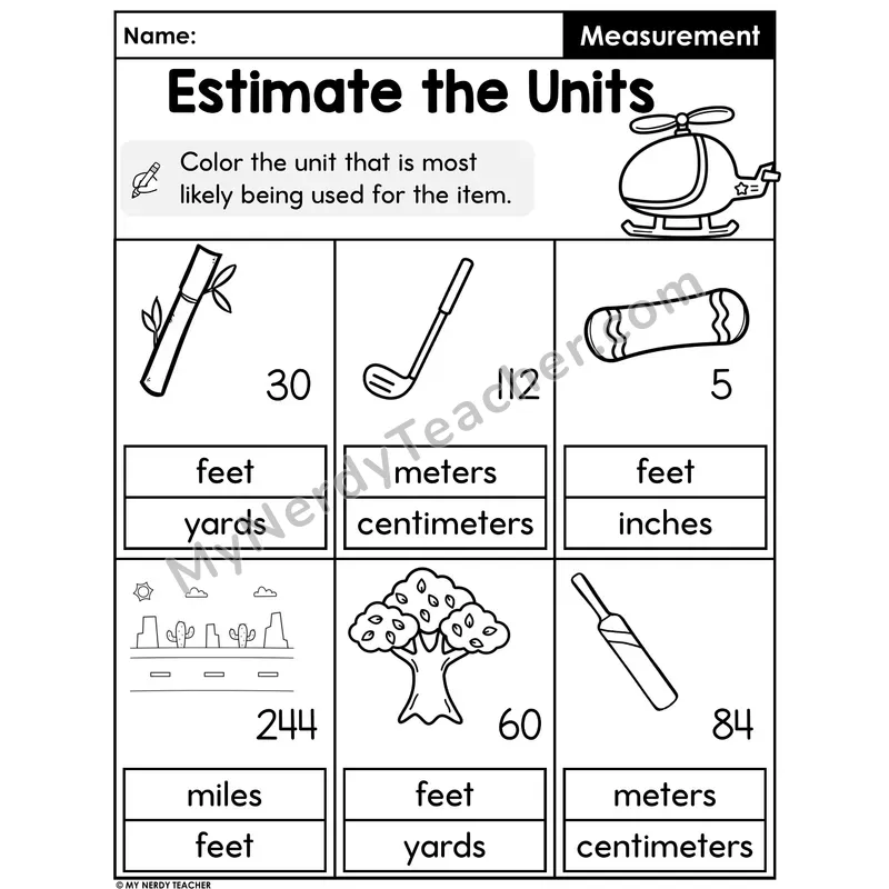 Estimate the Units Worksheet — Choose the Best Measurement Unit