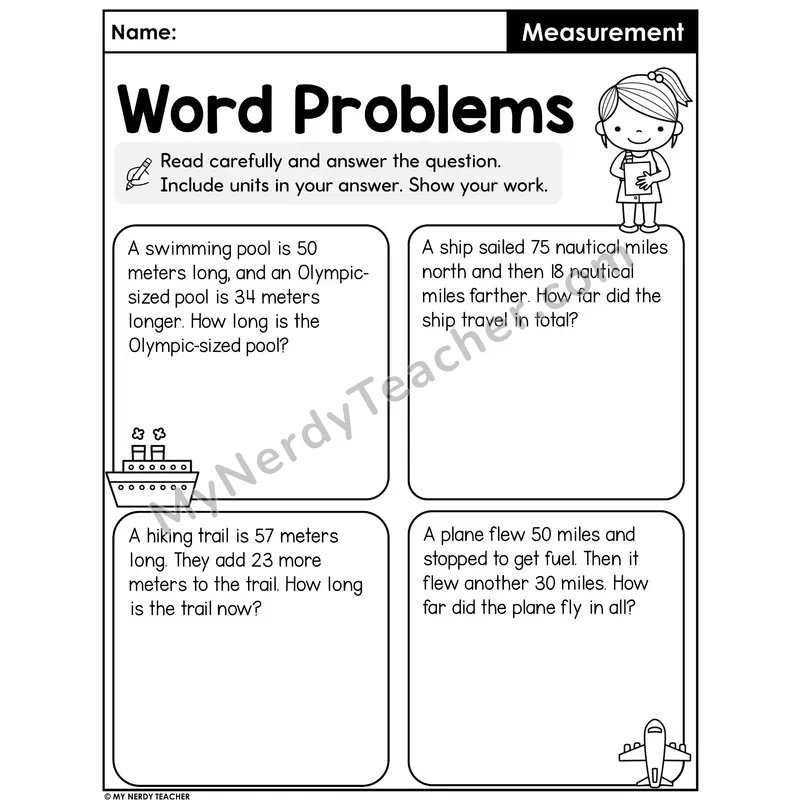 Measurement Word Problems Worksheet — Football and Cars