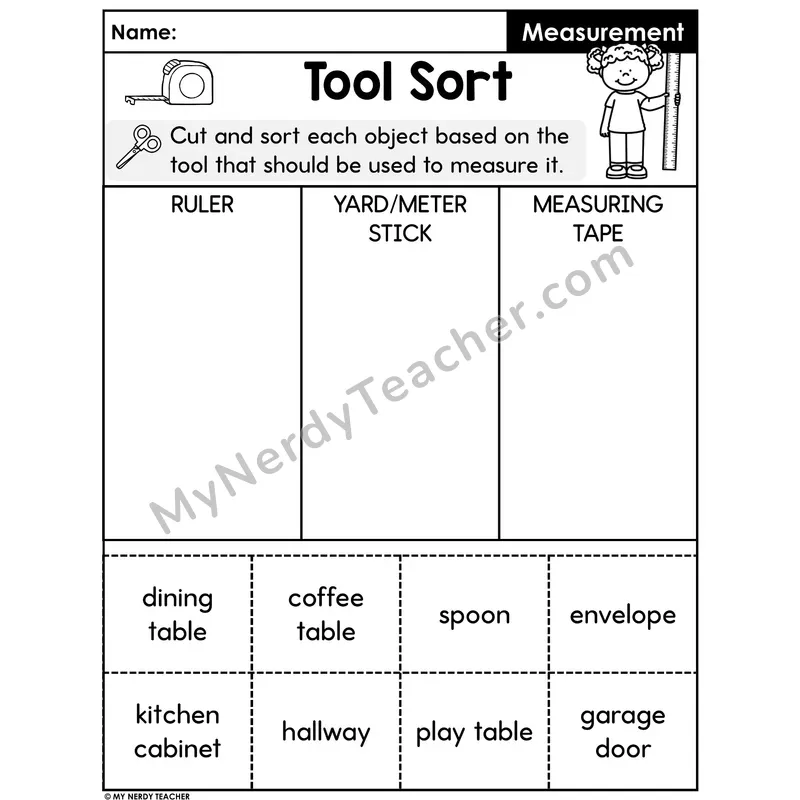 Measurement Tool Sort Worksheet — Cut and Sort Objects Set 3