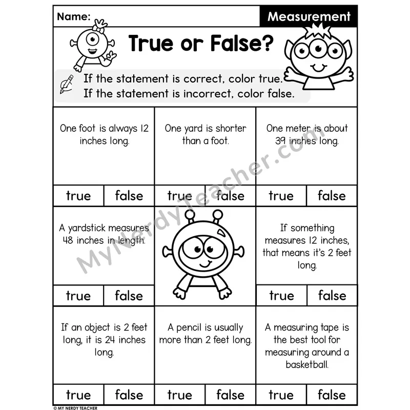 Measurement Facts True or False Worksheet — Unit Equivalents Set 1