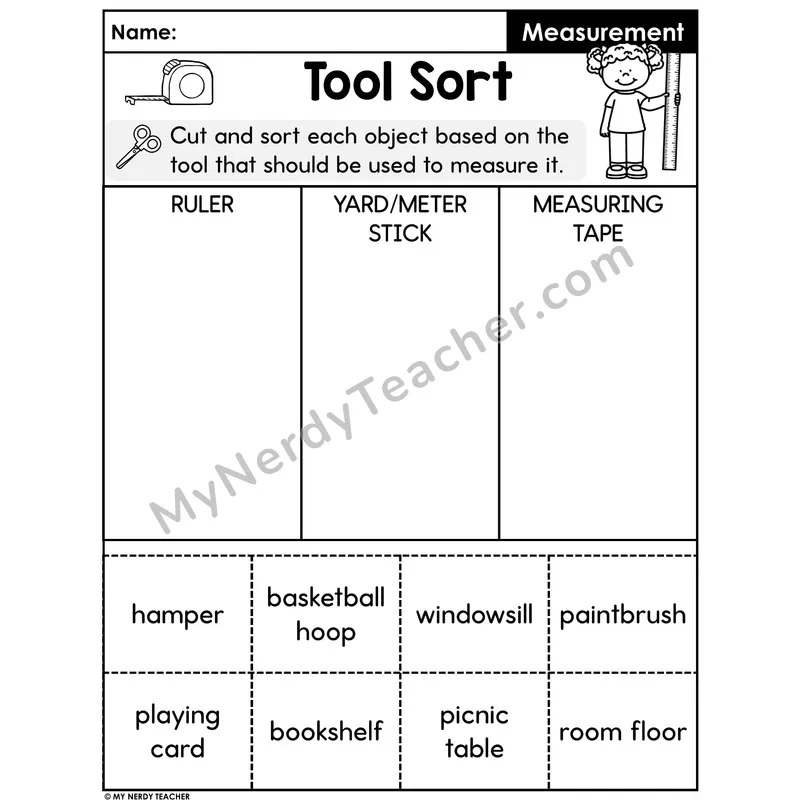 Measurement Tool Sort Worksheet — Cut and Sort Objects Set 5