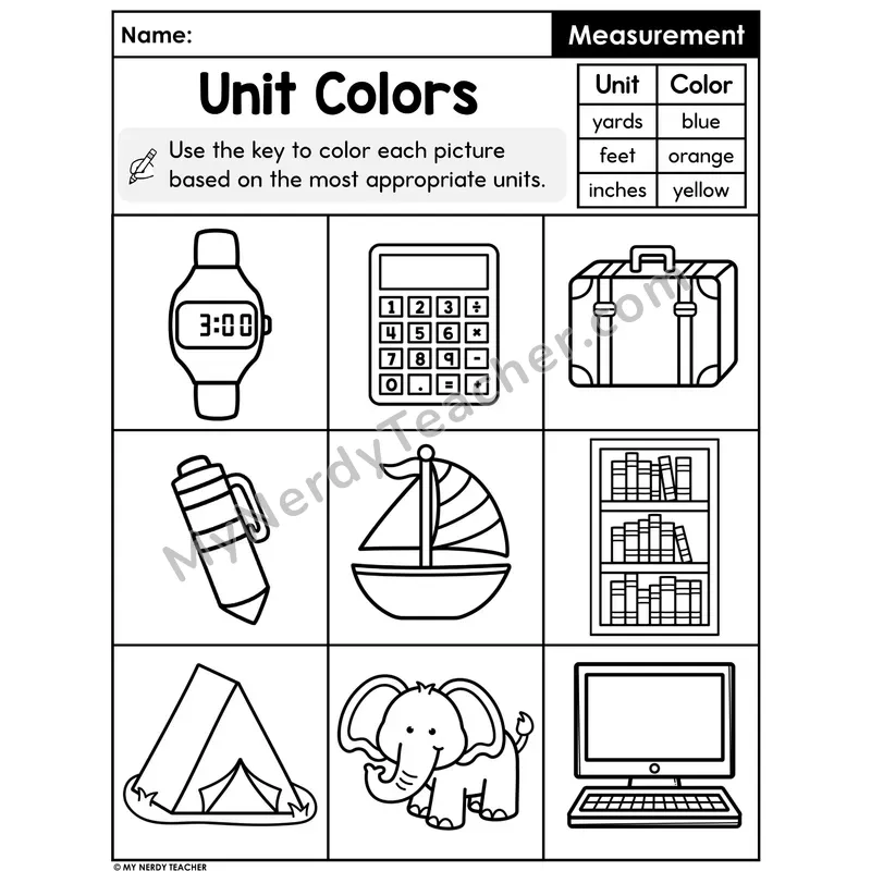 Measurement Unit Colors Worksheet — Color Objects by Best Unit Set 2