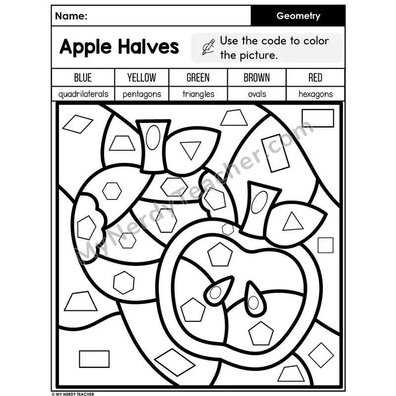Geometry Color by Shape Worksheet — Apple Halves Mystery Picture